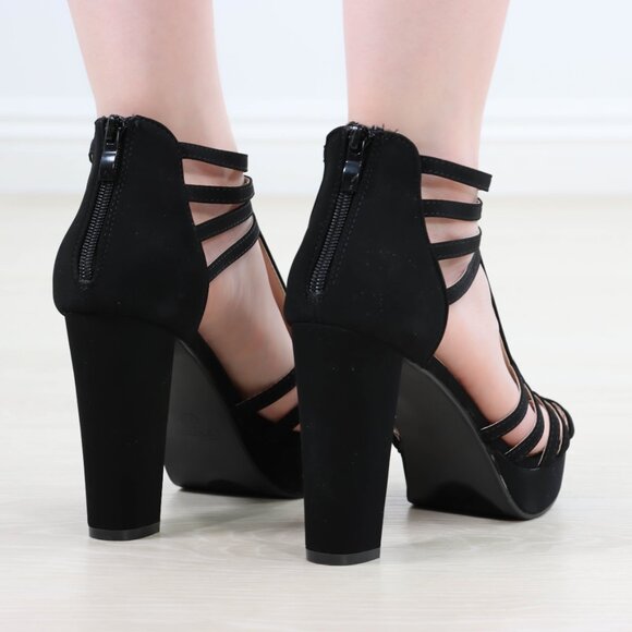 Black Rhinestone T-Strap Platform Sandals Women’s Block Heel Evening Party Shoes - Picture 13 of 16